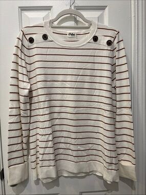 Pulse Cream and Rust-Striped Button-Shoulder Crewneck Sweater
